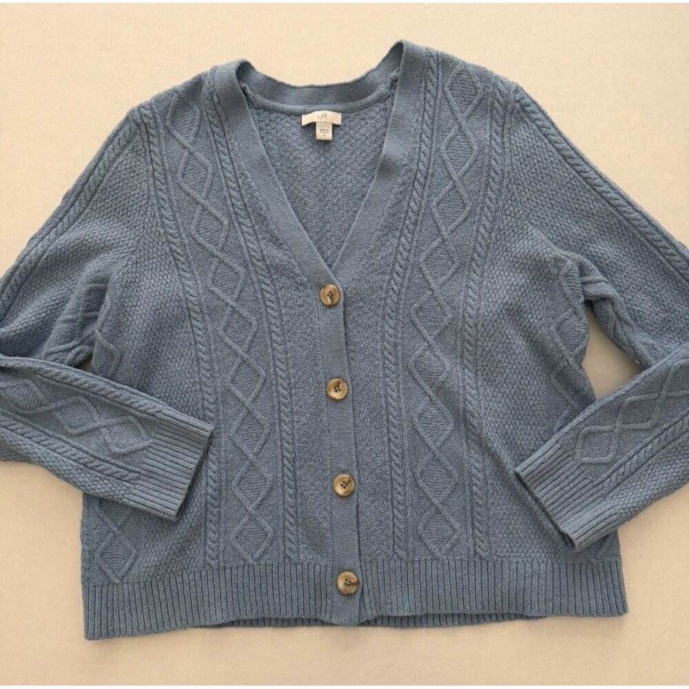 J Jill Soft Blue Cable Knit Cardigan Sweater M Cotton Blend Academia Classic